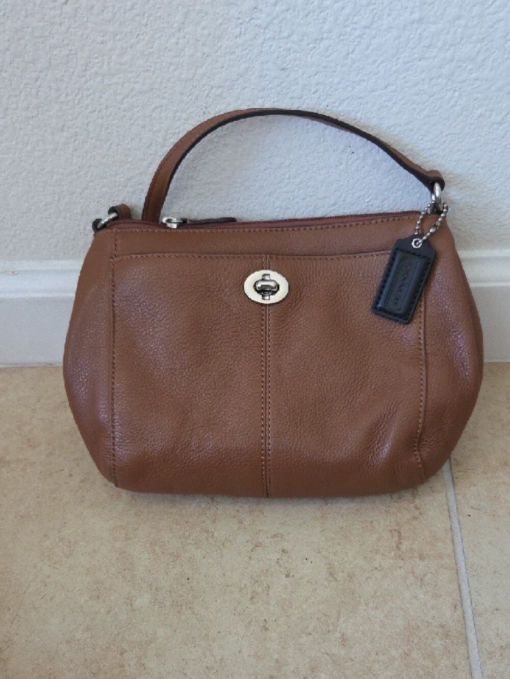 Coach Pebbled Leather Crossbody in Brown with Gold Tone Turnlock Classic Staple